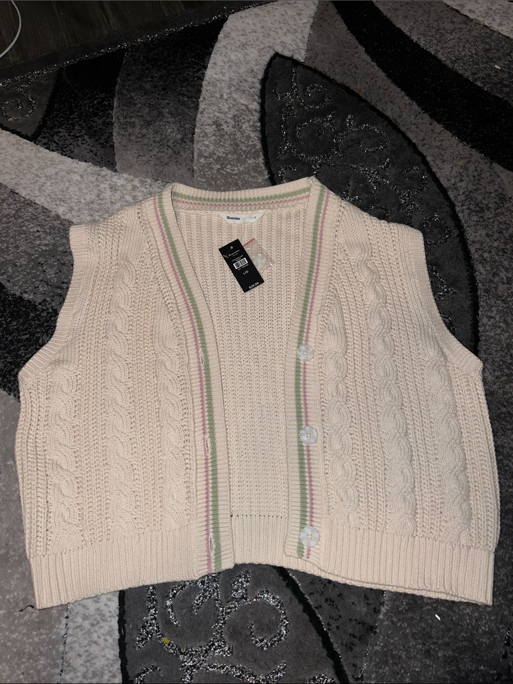 Bluenotes Cream Cable Knit Button-Front Sweater Vest with Pink & Sage Trim